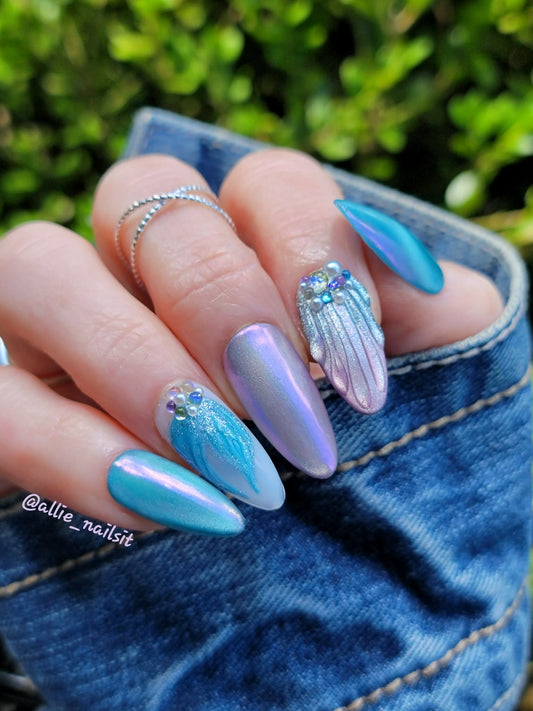 ULTRA Mermaid Magic, ULTRA Mermaid Dreams, ULTRA Blue Lagoon, ULTRA Cold Fusion, ULTRA In The Clouds Gels & Aurora Mermaid #1 Chrome Mani - HEMA, HPMA, TPO Free