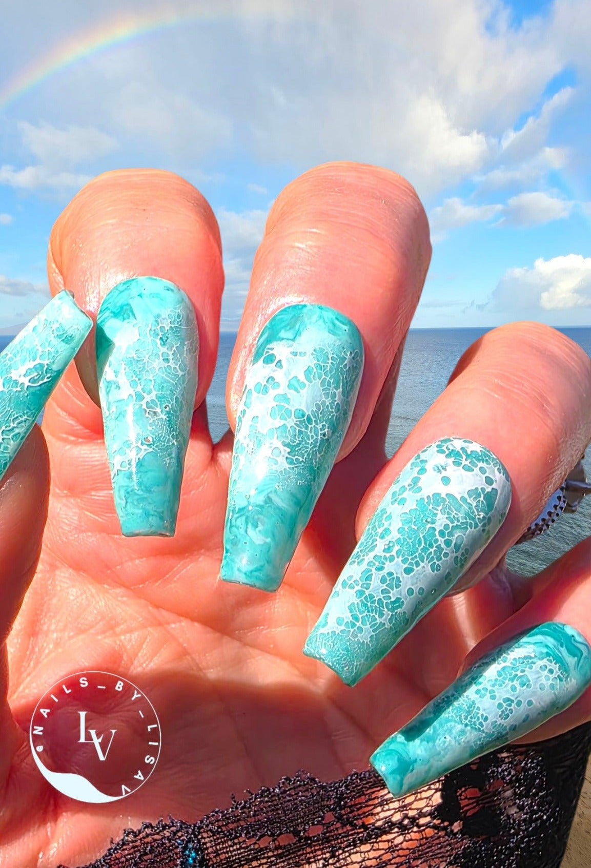 White Abstract Lace Gel over Caicos & Azure Sky Solid Marble of Gels Mani - HEMA, HPMA, TPO Free