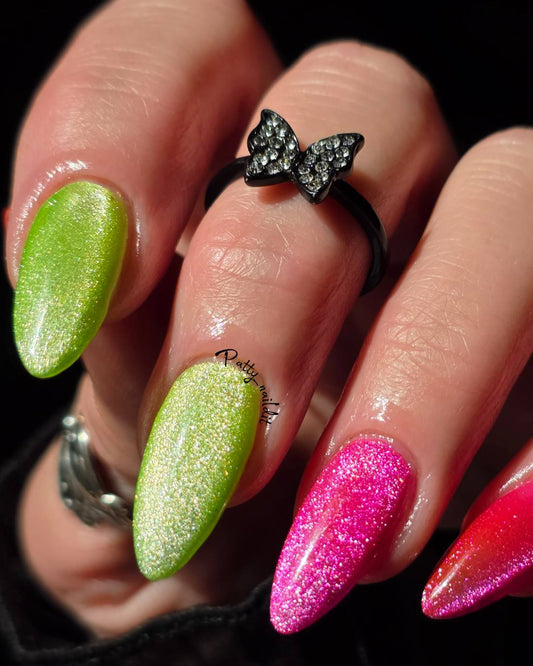 Sizzling Lime & Exotic Pink Neon Cat Eye Gel Mani - HEMA, HPMA, TPO Free