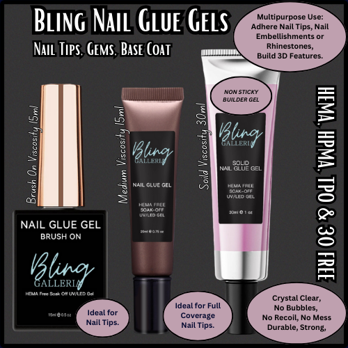 Nail Glue Gels- Solid & Medium Viscosity & Brush On - HEMA, HPMA, TPO Free