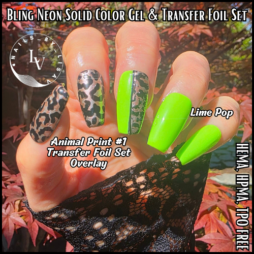 Vivid Violet Neon Solid Gel & Animal Print #1 Transfer Foils Overlay Set - HEMA, HPMA, TPO Free