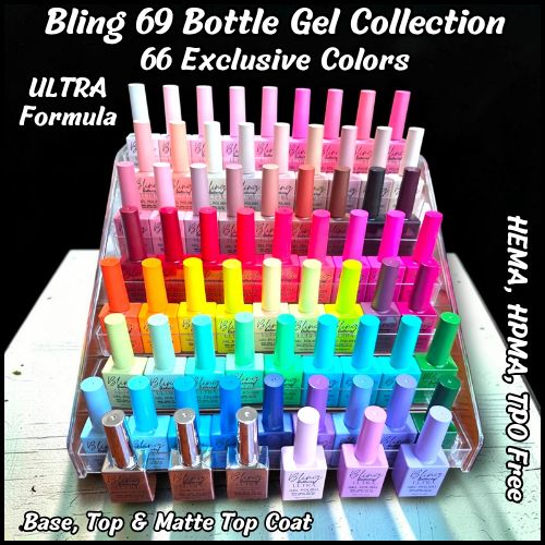 ULTRA 69 Gel Collection - 66 Solid Color Gels Plus ULTRA Diamond Top Coat - ULTRA Base Coat - ULTRA Russian Matte Top Coat - Color Board - HEMA, HPMA, TPO Free