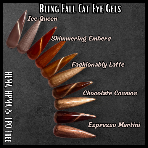 Metallic Cat Eye Gels - Ice Queen, Shimmering Embers, Fashionably Latte, Chocolate Cosmos, Espresso Martini - HEMA, HPMA, TPO Free