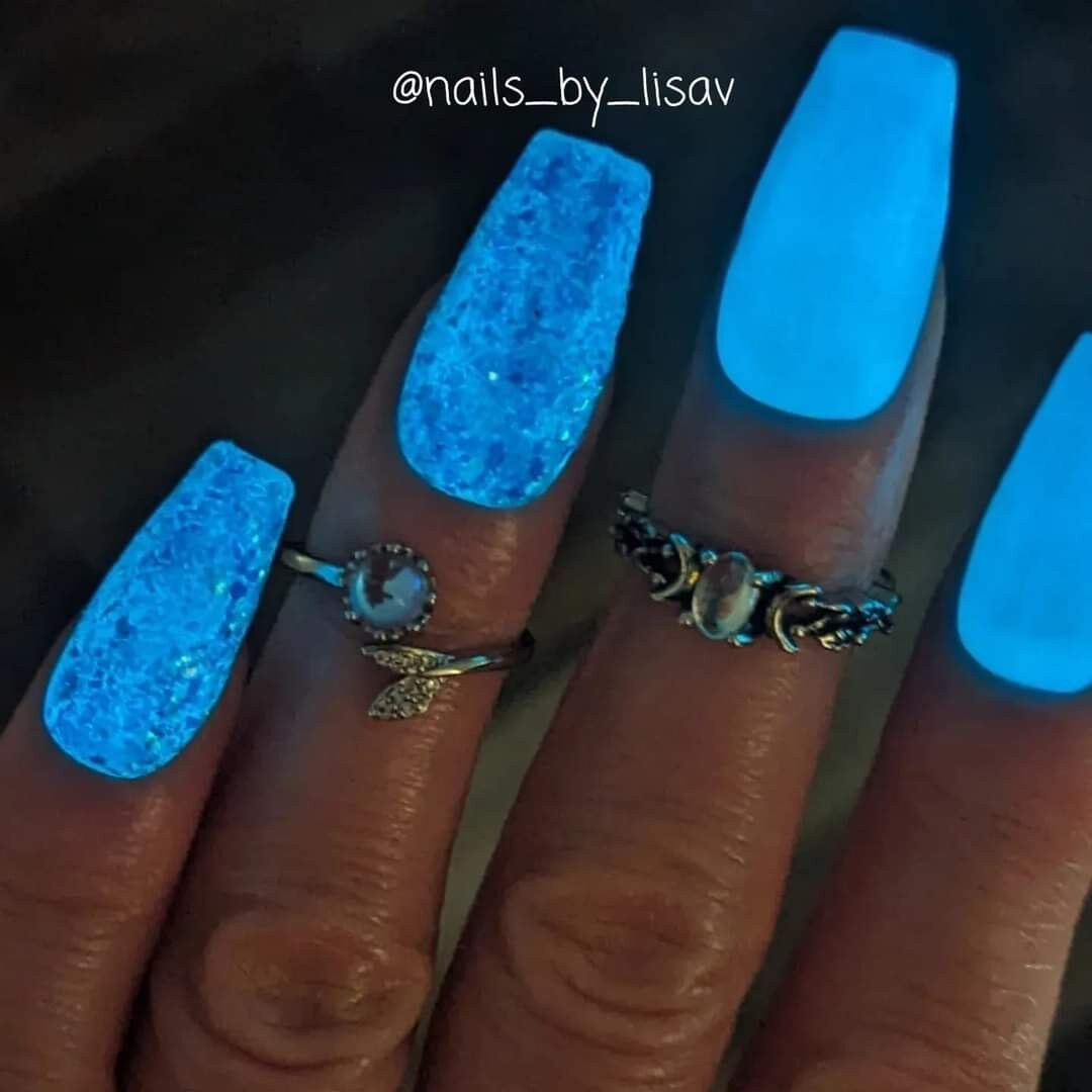 Electric Blue Mermaid Duo / Neon Blue Glow Solid Powder / Neon Blue Flake dips / Acrylic Nail Dip Powder