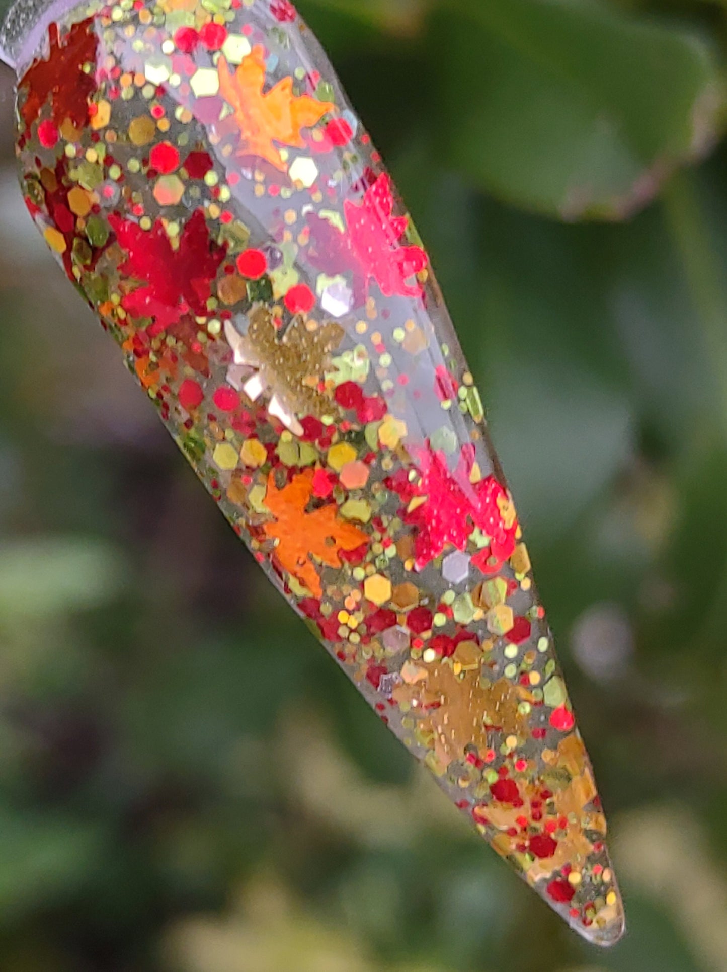 Free Fallin' / Fall Leaves, Red, Green & Gold Holographic Glitter in a Clear Base / Acrylic Nail Dip Powder