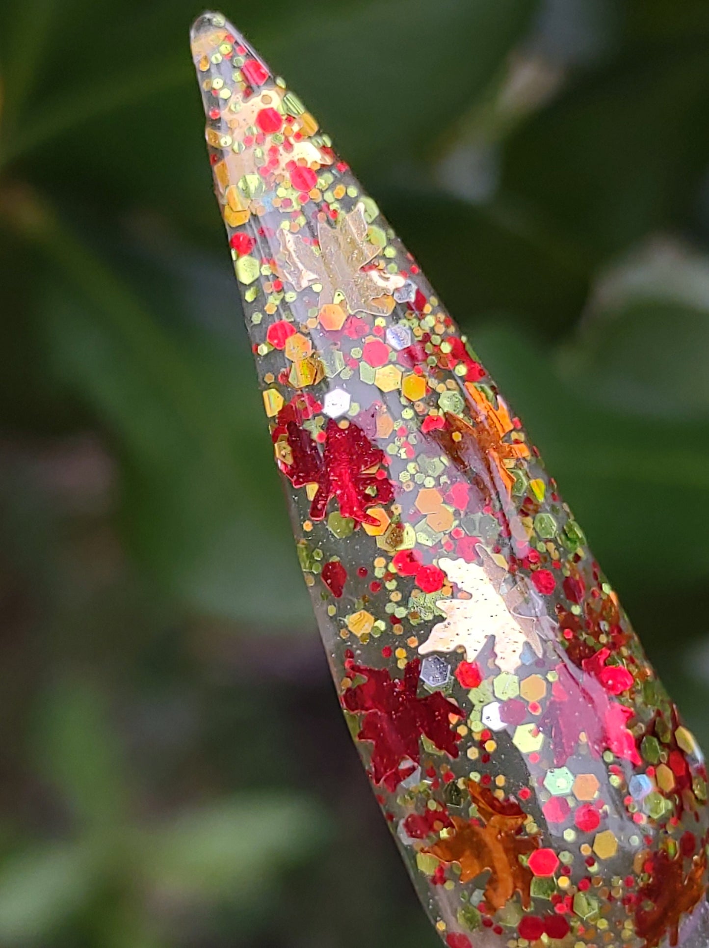 Free Fallin' / Fall Leaves, Red, Green & Gold Holographic Glitter in a Clear Base / Acrylic Nail Dip Powder