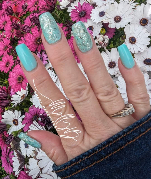 Seas The Day (Aqua) Rubber Base Gel with Glass Soul (Silver) Flake Glitter Gel Polish Overlay | HEMA, HPMA, TPO, 30 Free uv/led | 15ml