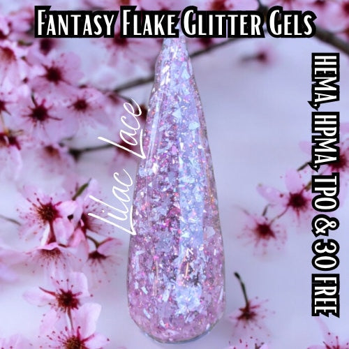 Lilac Lace Fantasy Flake Glitter Gel Polish | Flakes & Holographic Glitters, Lilac Jelly Base | HEMA, HPMA, TPO, 30 Free uv/led | 15ml |