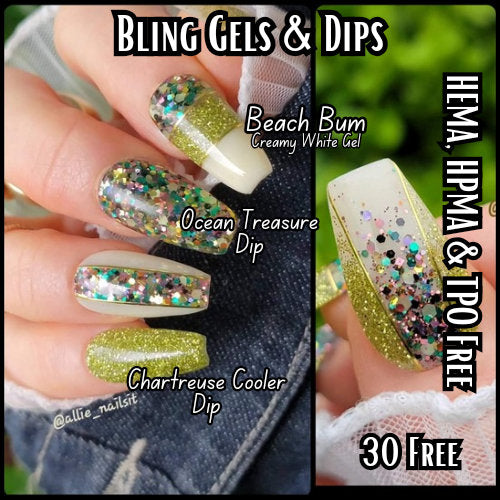 Beach Bum Cream White Gel & Dip Mani | Ocean Treasure, Chartreuse Cooler Glitter Dips | HEMA, HPMA, TPO, 30 Free uv/led Gel | 15ml