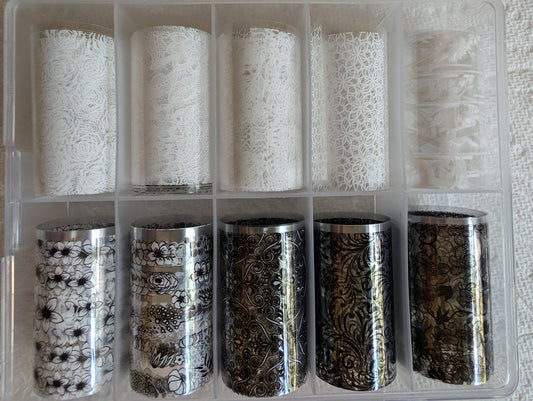 Black & White Transfer Foil Overlay Set #1 | Accent Nails or Entire Mani | Apply Over Bling Gels or Dips | 10 Strips 20in x 1.5in each |