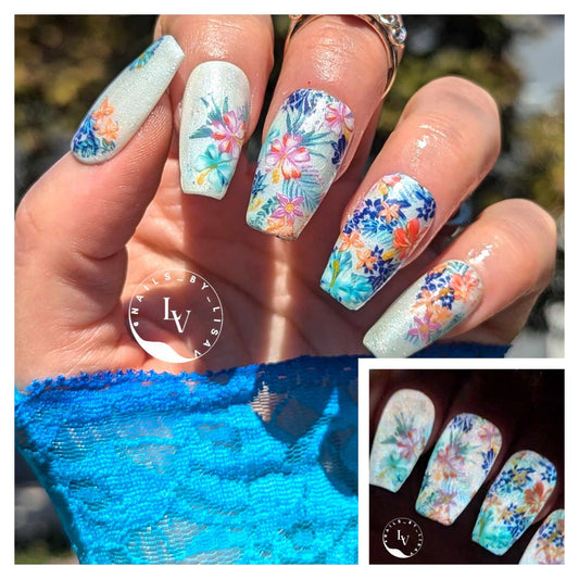 Flower Transfer Foil Overlay Set #1 | Floral Watercolor Accent Nails or Entire Mani | Apply Over Transfer Gel | 10 Strips 40in x1.5in each |