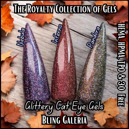 Royalty Glitter Cat Eye Gel Polish | Nebula, Inferno, Pandora | Glittery Cat Eye | Intense Sparkle | HEMA, HPMA, TPO, 30 Free uv/led |