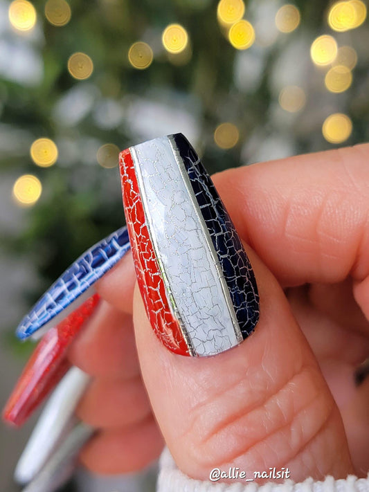 Patriotic Crackle Mani | Red, White and Blue Crackle Gels | Shimmer Silver, White Bases | HEMA, HPMA, TPO, 30 Free uv/led | 15ml