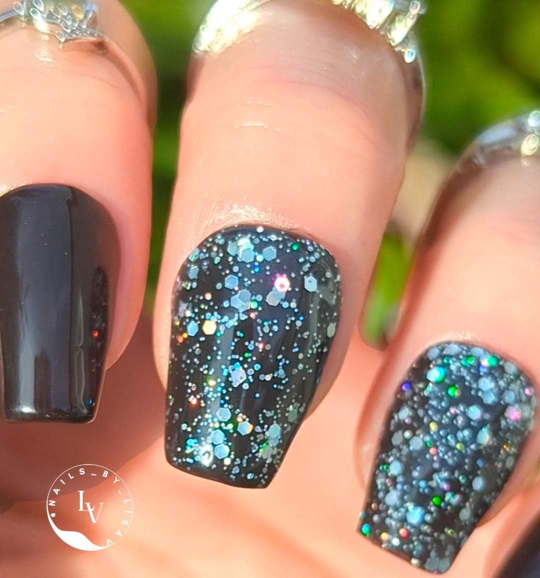 Deepest Desire Silver Sparkle Gel Mani - Near Black Solid Gel - Silver Sparkle Holo Glitter Gel - HEMA, HPMA, TPO Free