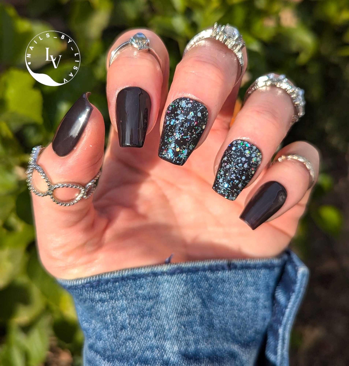 Deepest Desire Silver Sparkle Gel Mani - Near Black Solid Gel - Silver Sparkle Holo Glitter Gel - HEMA, HPMA, TPO Free