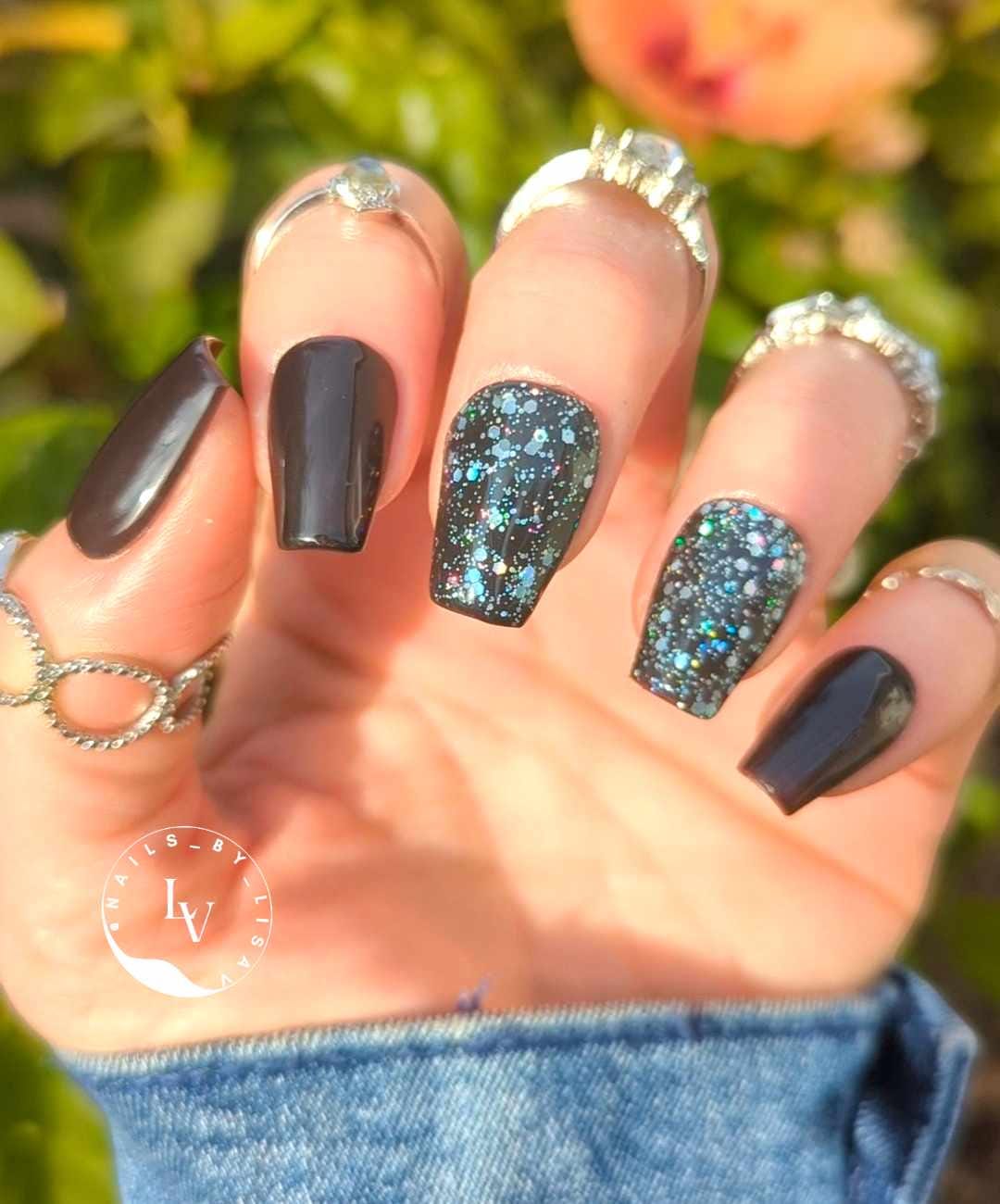 Deepest Desire Silver Sparkle Gel Mani - Near Black Solid Gel - Silver Sparkle Holo Glitter Gel - HEMA, HPMA, TPO Free