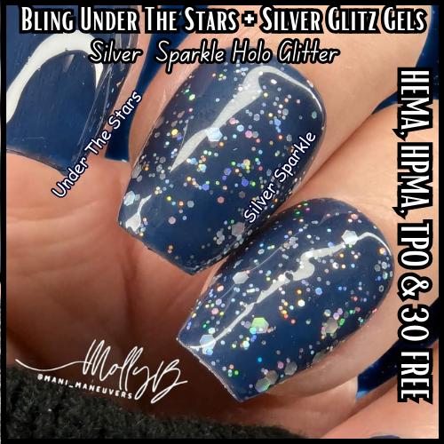 Under The Stars Silver Sparkle Gel Mani | Navy Solid Gel | Silver Sparkle Holo Glitter Gel | HEMA, HPMA, TPO Free uv/led | 15ml |