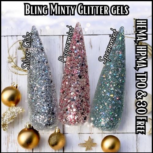 Minty Glitter Gels - Peppermint and Spearmint Glitter Gels, Silver Glitz Glitter Gel - HEMA, HPMA, TPO