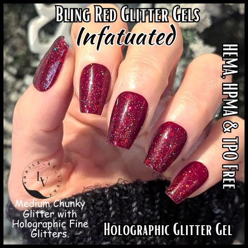 Infatuated Red Glitter Gel Mani | Dark Red Medium chunky Glitter with Holographic Fine Glitters | HEMA, HPMA, TPO Free | 15ml | Gel Nails