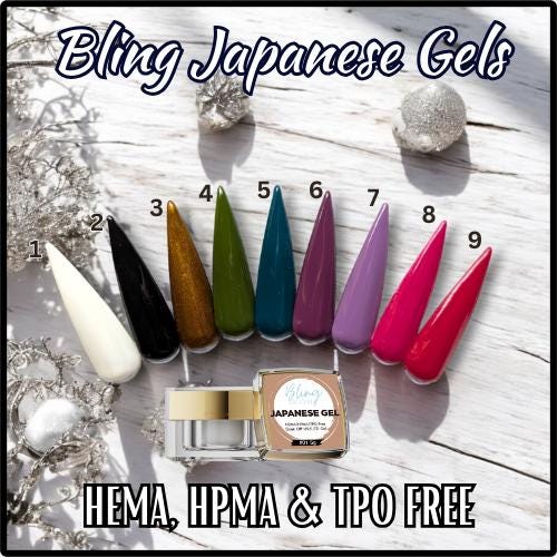 Japanese Gels |#1-#9 | High Quality, Highly Pigmented, Low Monomer Soft Gels in Pots | HEMA, HPMA, TPO Free uv/led | 5ml | Gel Nail
