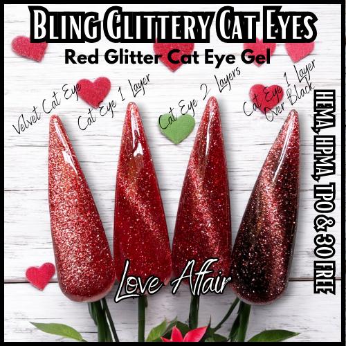 Love Affair and Cosmic Rose Glittery Cat Eye Mani | Red & Rose Gold Glitter Cat Eye Gels | HEMA, HPMA, TPO, 30 Free uv/led | 15ml |