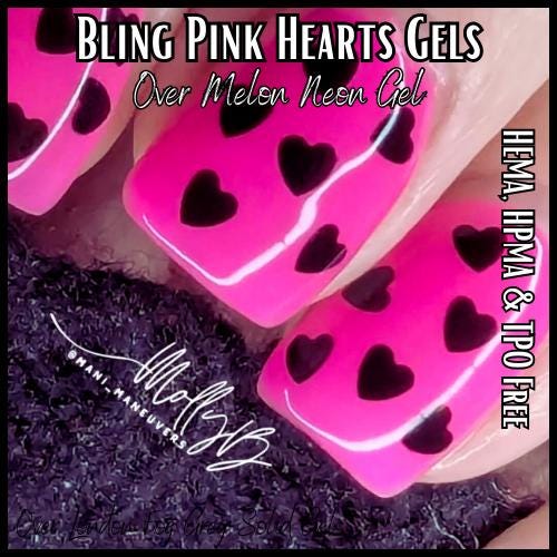 Black Hearts Gel Over Melon Pink Neon Gel Mani | In a Clear Top Coat Gel | HEMA, HPMA, TPO Free