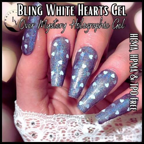 White Hearts Gel Over Mystery Holographic Gel Mani | Hearts In a Clear Top Coat Gel | HEMA, HPMA, TPO Free