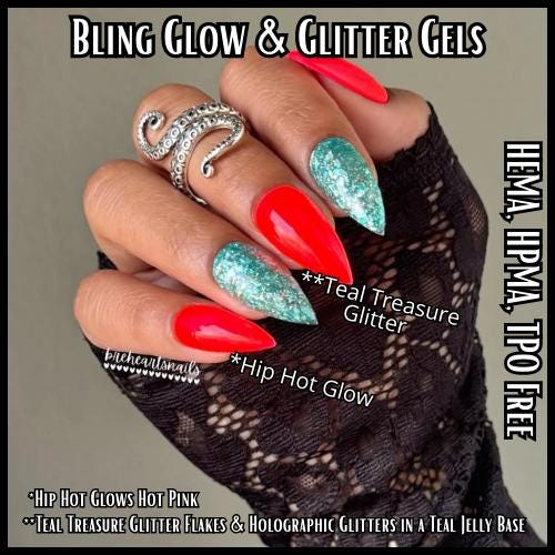 Hip Hot Glow Pink, Teal Treasure Glitter Gel Mani | Flakes & Holographic Glitters in a Teal Jelly Base | HEMA, HPMA, TPO Free uv/led | 15ml
