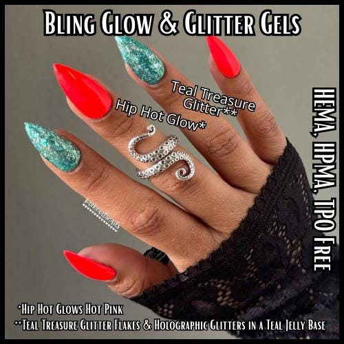 Hip Hot Glow Pink, Teal Treasure Glitter Gel Mani | Flakes & Holographic Glitters in a Teal Jelly Base | HEMA, HPMA, TPO Free uv/led | 15ml