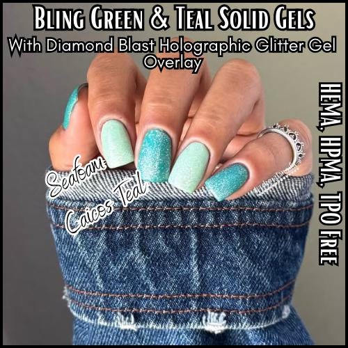 Caicos Teal and Seafoam Solid Gel Mani | Diamond Blast Holographic Glitter in Clear Base | HEMA, HPMA, TPO Free uv/led | 15ml | Gel Nail