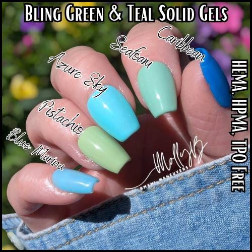 Blue Green Solid Gel Mani | Pistachio Seafoam Azure Sky Blue Marina Caribbean | HEMA, HPMA, TPO Free uv/led | 15ml | Gel Nail