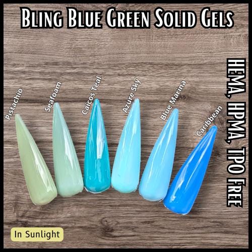 Blue Green Solid Gel Mani | Pistachio Seafoam Azure Sky Blue Marina Caribbean | HEMA, HPMA, TPO Free uv/led | 15ml | Gel Nail