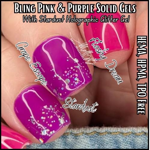 Flashy Dream and Grape Escape Solid Gel Mani | With Stardust Holographic Glitter in Clear Base | HEMA, HPMA, TPO Free uv/led | 15ml