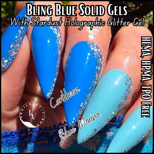 Caribbean and Blue Marina Solid Gel Mani With Stardust Holographic Glitter Gel | HEMA, HPMA, TPO Free uv/led | 15ml | Gel Nail
