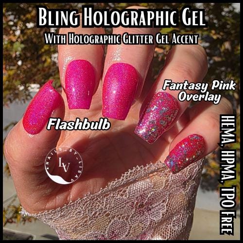 Flashbulb Holographic Hot Pink Gel with Love Potion Glitter Gel Mani | HEMA, HPMA, TPO Free uv/led | 15ml | Soak Off | Gel Nail