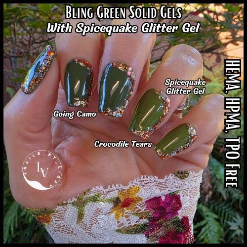 Crocodile Tears & Going Camo Green Solid Gels with Spicequake Glitter Mani Gels | Olive Green | Pumkin |HEMA, HPMA, TPO Free uv/led | 15ml