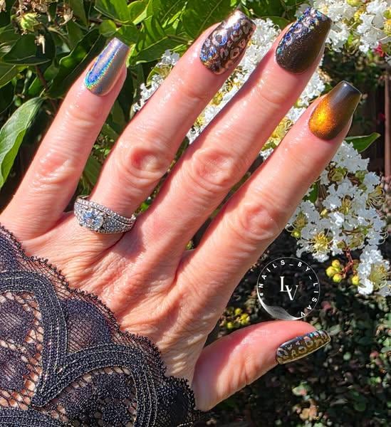 Tiger Eye 10D Cat Eye Gel with Stamping Gel and Holographic Chrome Mani | Tiger Eye - Copper Shimmery Cat Eye | HEMA, HPMA, TPO Free