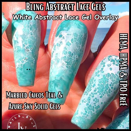 Abstract Lace Gel over Marble of Caicos Teal Azure Sky Solid Gels | Perfect for Chroming | HEMA, HPMA, TPO Free uv/led | 15ml