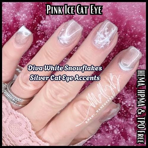 Pink Ice Moonlight Cat Eye Gel Mani | Diva Solid White Gel | Silver Cat Eye Gel | HEMA, HPMA, TPO, 30 Free uv/led | 15ml Bottle | Gel Nail