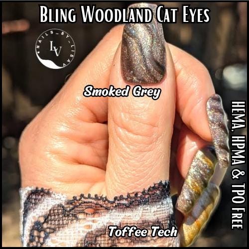 Woodland Cat Eye Gels | Stepping Stone, Toffee Tech, Ruby Madness, Purple Flirt, Blue Moon, Jade Dream, Smoked Grey | HEMA, HPMA, TPO Free