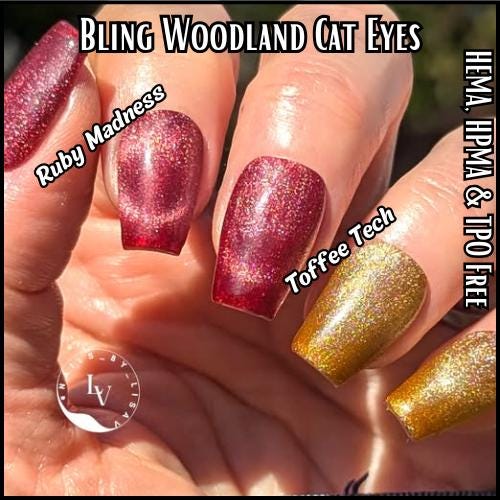 Woodland Cat Eye Gels | Stepping Stone, Toffee Tech, Ruby Madness, Purple Flirt, Blue Moon, Jade Dream, Smoked Grey | HEMA, HPMA, TPO Free