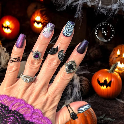 Grape Veil Pumkin, Tanzanite, Diva Blooming Gel Ghosts, Periwinkle, Silver Holographic Liner Gels - HEMA, HPMA, TPO Free