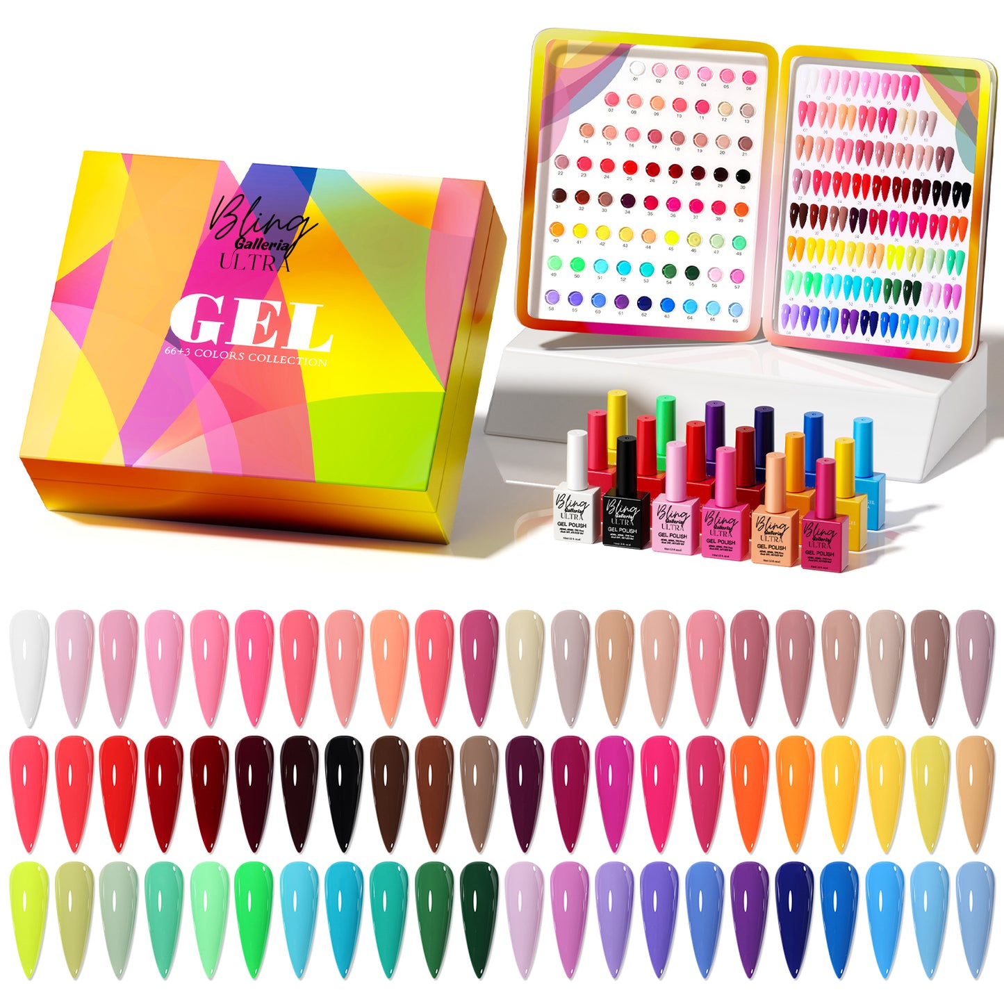 ULTRA 69 Gel Collection - 66 Solid Color Gels Plus ULTRA Diamond Top Coat - ULTRA Base Coat - ULTRA Russian Matte Top Coat - Color Board - HEMA, HPMA, TPO Free