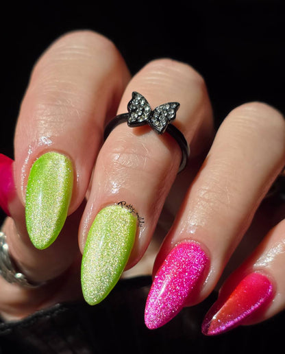 Sizzling Lime & Exotic Pink Neon Cat Eye Gel Mani - HEMA, HPMA, TPO Free