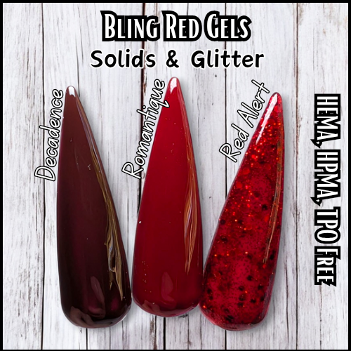 Romantique Red Alert Mani Dark Red Solid and Red Glitter Gels - HEMA HPMA TPO Free