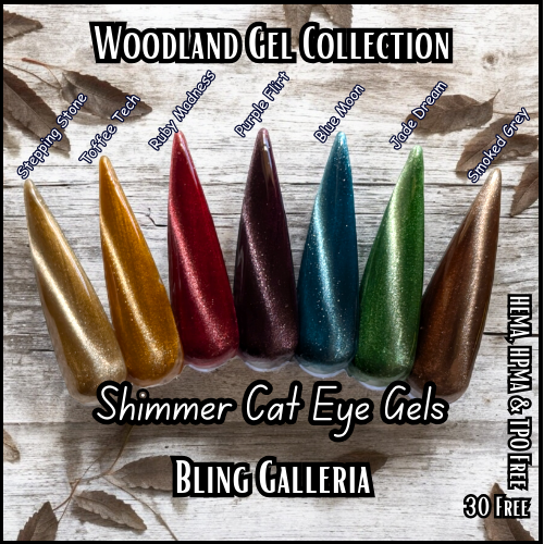 Woodland Cat Eye Gel Collection - Stepping Stone, Toffee Tech, Ruby Madness, Purple Flirt, Blue Moon, Jade Dream, Smoked Grey - HEMA, HPMA, TPO Free