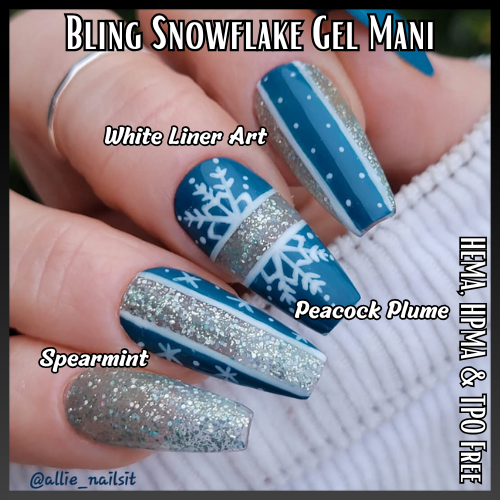 Spearmint Glitter, Peacock Plume Solid Color, White Liner Gel Mani - HEMA, HPMA, TPO Free