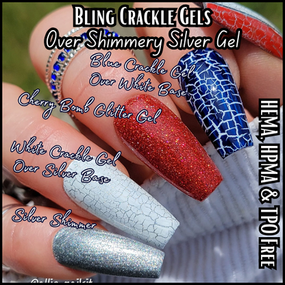 Patriotic Crackle Gel Mani - Red, White and Blue Crackle Gels - Shimmer Silver & White Gel Bases - HEMA, HPMA, TPO Free