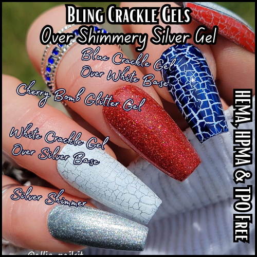 Patriotic Crackle Gel Mani - Red, White and Blue Crackle Gels - Shimmer Silver & White Gel Bases - HEMA, HPMA, TPO Free
