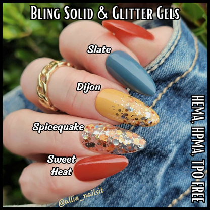 Sweet Heat, Dijon, Slate Solid Gel & Spicequake Glitter Gel Mani - HEMA, HPMA, TPO Free
